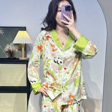 丝绸丝滑睡衣女春秋季长袖大码两件套青果领丝绸家居服套装