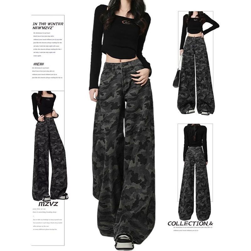 American Retro Camouflage Wide-Leg Jeans for Women, Autumn 2026 New Style, Loose Straight High-Waisted Plus-Size Work Pants