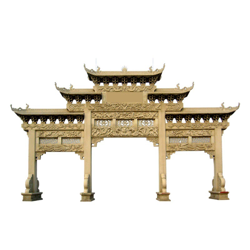 Гранитная каменная арка, арка в старинном стиле, квадратная, храмовая, для новых сельских районов, трехдверная арка, каменные ворота, натуральный камень.