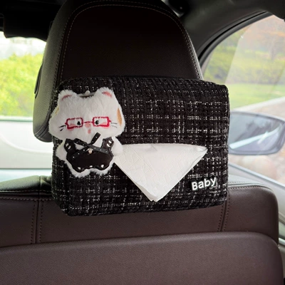 Cute cat car-mounted tissue box, hanging creative cartoon tissue box for women, high-end car tissue hanging bag (Car tissue box/set) - black-bow-catnew-chanel-style-tissue-box-black