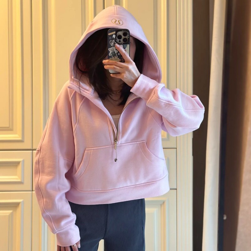 Lulu Embroidered Original Label Scuba Sweatshirt Hooded Half-Zip Loose Fleece Jacket Sports Yoga Warm Top