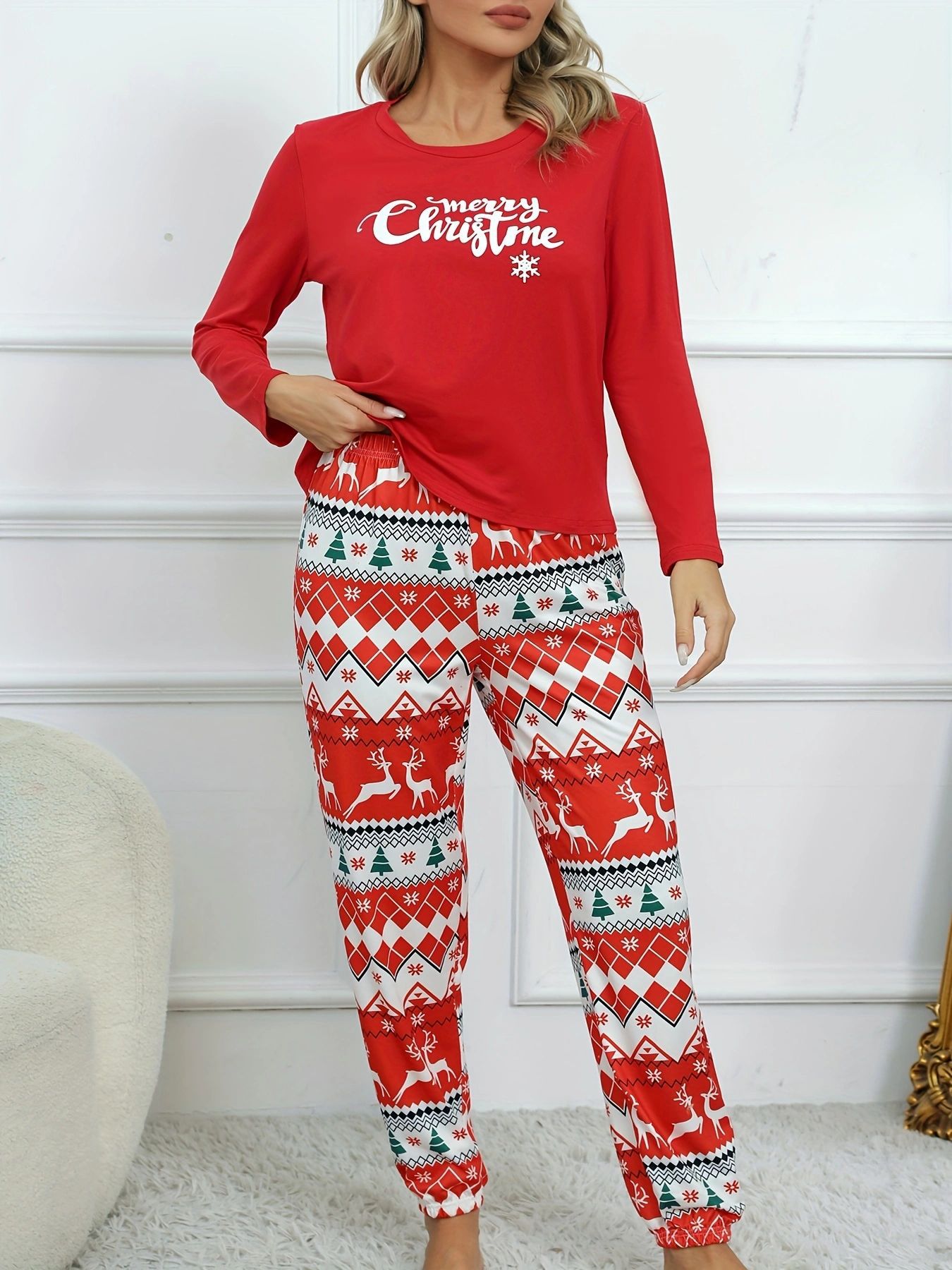 Pyjama de Noël pour femme, automne et hiver, pyjama à manches longues imprimé de Noël pour femme_voghion.com