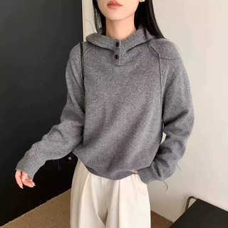 秋冬季厚款连帽纯羊毛针织衫女套头长袖宽松显瘦针织打底毛衣上衣