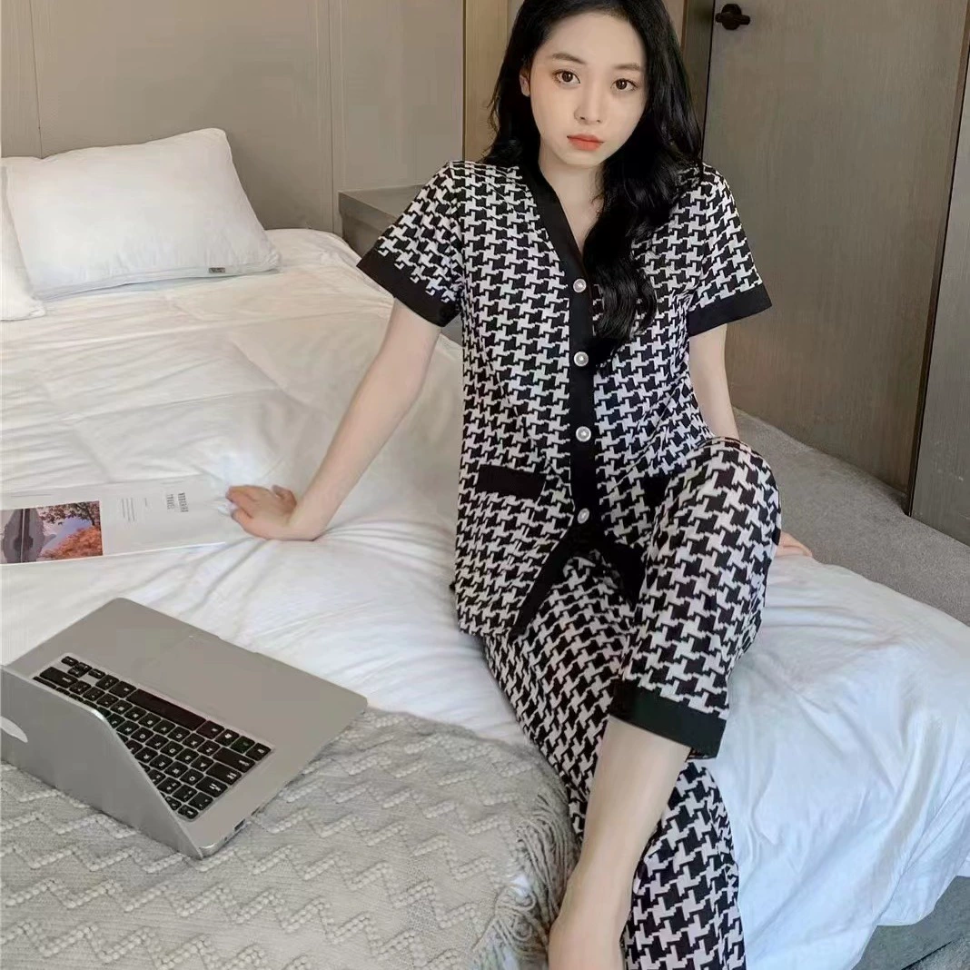 Весенние и осенние пижамы для женщин в корейском стиле, хлопковый кардиган с v-образным вырезом и короткими рукавами, брюки, пижама из двух предметов, домашняя одежда, которую можно носить на улице