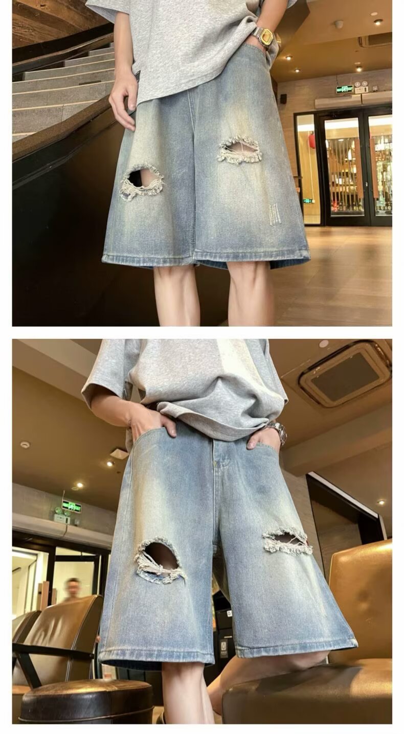 Men's Clothing Men's Trendy Casual Ripped Wide Leg Capri Pants High Street Washed Distressed Denim Shorts Summer Style_viptrois.com
