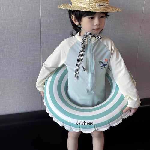 Children's swimming suit, unisex zipper one-piece swimsuit, summer long-sleeved sun protection quick-drying hot spring beach vacation swimsuit, trendy