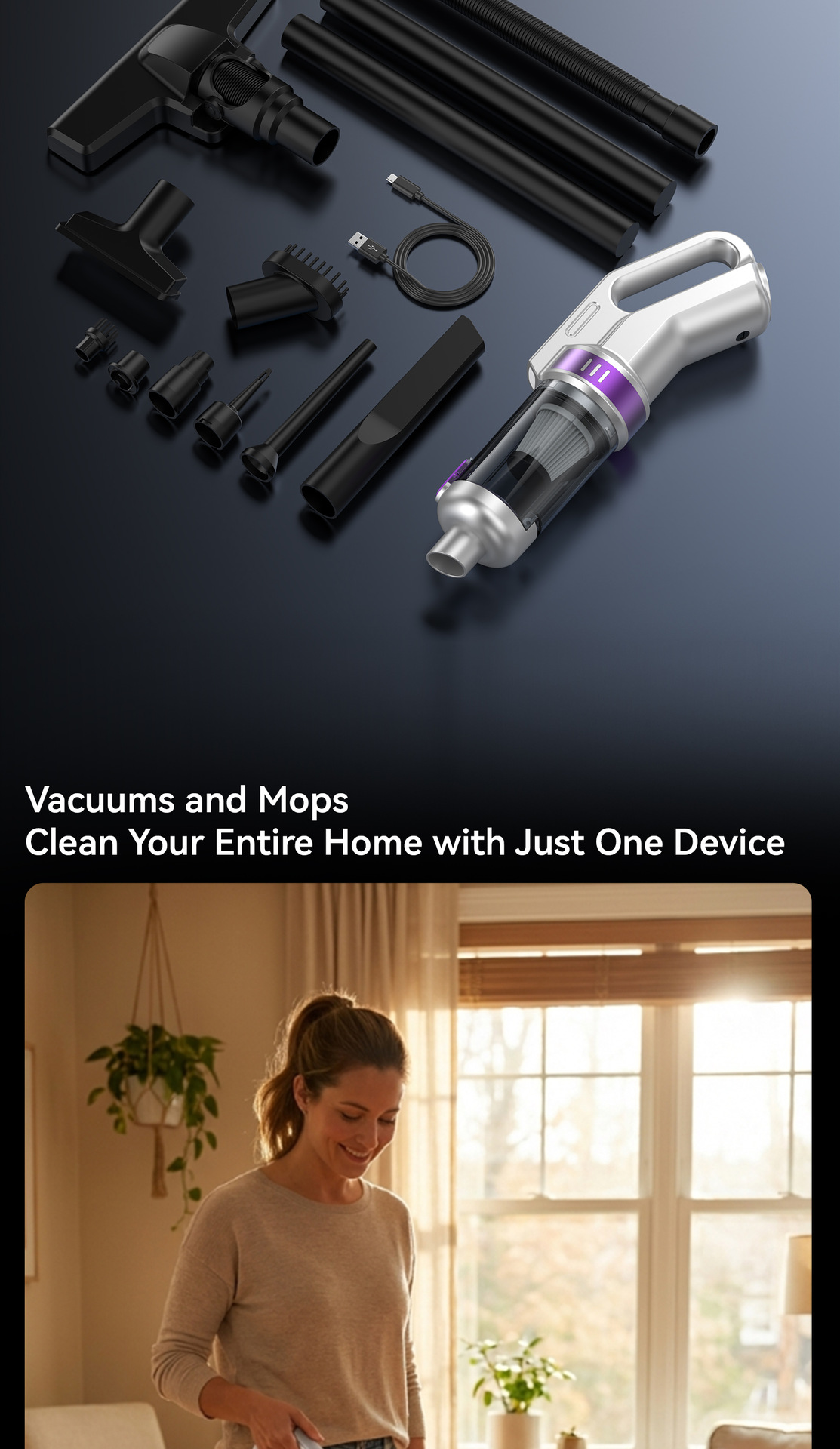 Car-mounted wireless vacuum cleaner, handheld portable digital display floor mop, multifunctional dust-absorbing and air-blowing device for home and car use