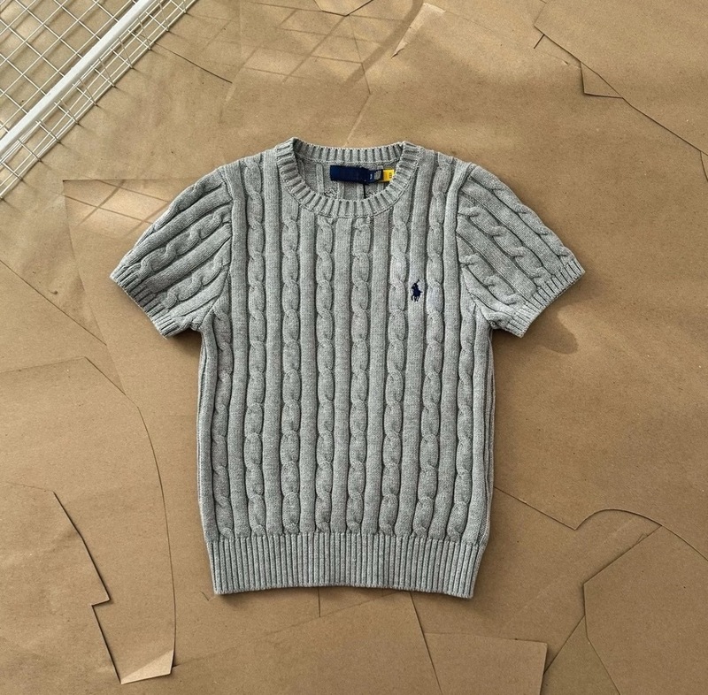 オリジナル版、オリジナルラベル、QRコード付き RLラフ 半袖ニット 刺繍入り ツイストニット ラウンドネック ポニーロゴ入りトップス|undefined