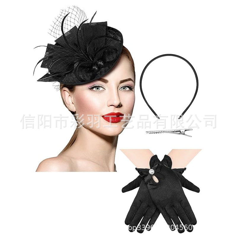 Amazon Creative Linen Bridal Headpiece European and American Vintage Feather Horse Racing Festival Mesh Versatile Fashionable Party Hair Accessory