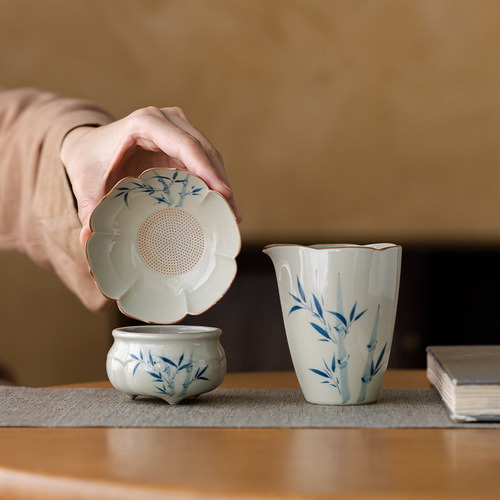 Plant gray retro hand-painted bamboo tea drain ceramic kung fu tea brewing tea filter household tea set accessories
