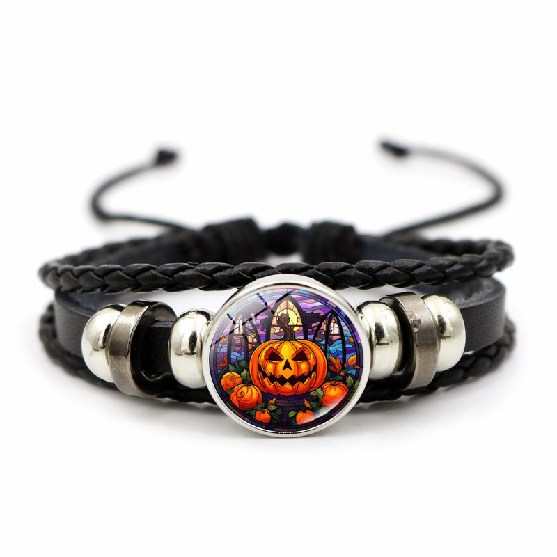 Pulseira de couro em torno do castelo de Halloween, corda de mão com contas de tecelagem masculina, festival fantasma, joias de cabeça de caveira_voghion.com
