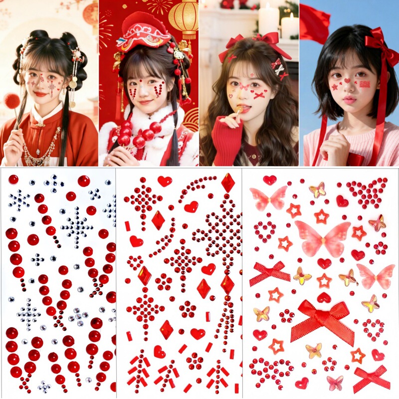 2026 New Year Festive Face Stickers Fireworks Firecrackers Chinese Knot Makeup Big Red Bow Butterfly Blessing Good Luck Makeup