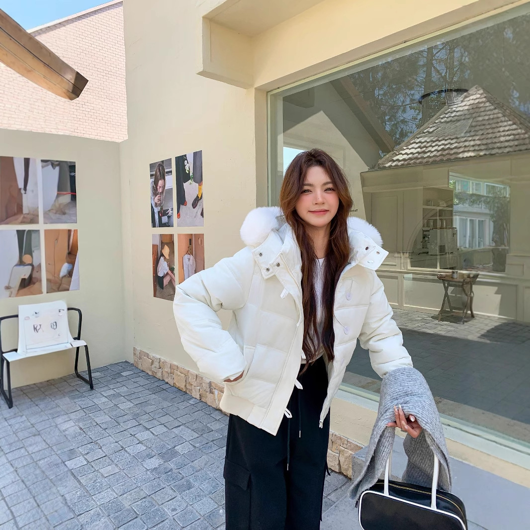 25 nuevo estilo coreano cuello puff encapuchado invierno ropa de algodón de pluma de invierno mujer nueva ropa de pan de invierno gruesa abrigo suelto image 1