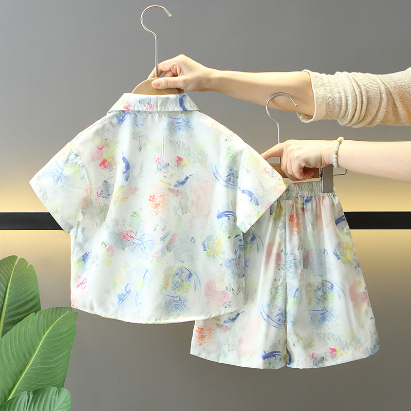 7951 Traje de manga corta de verano para niños Vestido de verano para niños 2025 Nuevo estilo Camisa de flores Ropa Traje de dos piezas de verano para bebés