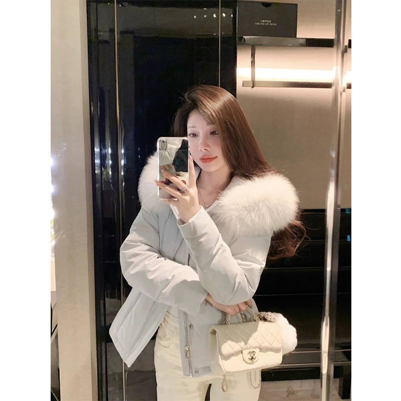 Light Blue Large Fur Collar Short down Jacket for Women 2025 New Winter Thickeneded Hooded Belt Waist Slimming Look Jacket