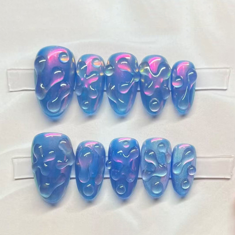 30 Pieces of Pure Handmade Pink Chrome-Plated Blue Cat Eye Design Manicure Nails 3D Relief Design Dopamine Fake Nails