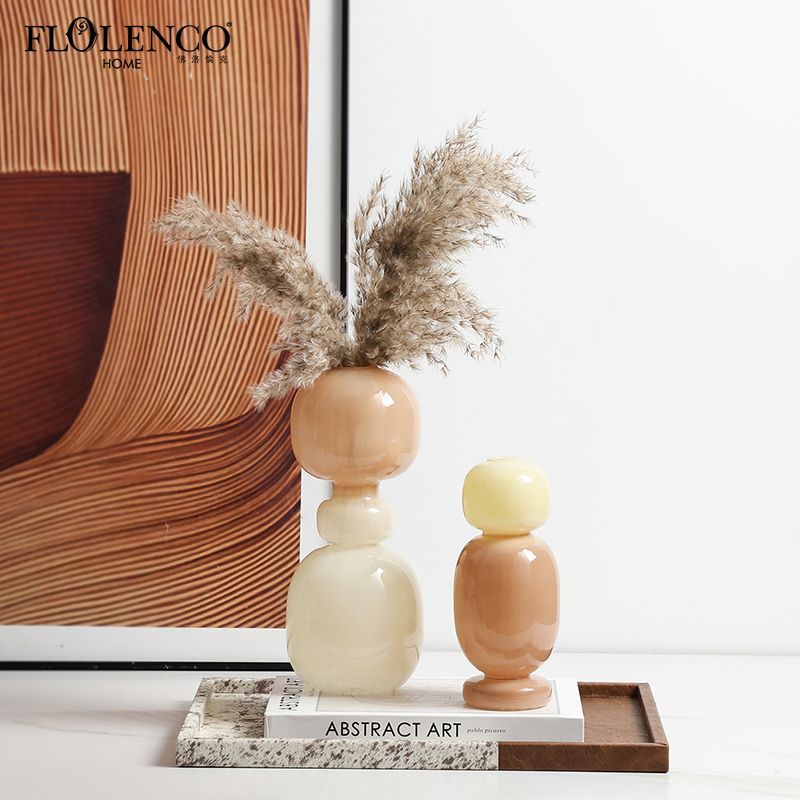 北歐ins風 莫蘭迪雙色玻璃花瓶時尚樣板房客廳插花酒櫃軟裝飾擺件