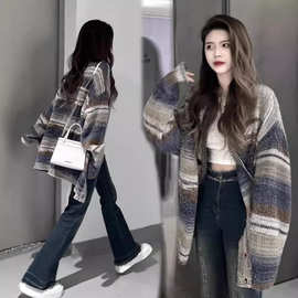 韩版撞色条纹开衫毛衣外套女秋冬薄款设计感小众宽松慵懒针织上衣