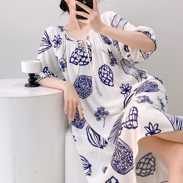 Camisón mujer verano falda larga de playa delgada pijama de seda de algodón primavera y otoño damas estilo de vacaciones ropa de hogar de seda de algodón de gran tamaño