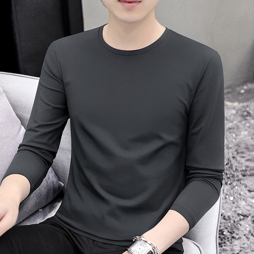 Men's Long Sleeve T-shirt for 2025 Autumn/Winter, Thin Pure Color Base Shirt,Slim Fit, Outer Wear, Pure Color Crew Neck T-shirt