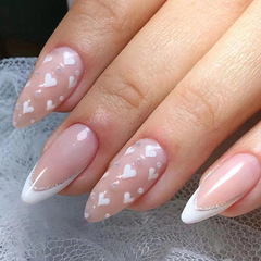 Sweet and Pure Desire White French Glitter Heart Nail Art Fashion Teenage Universal False Nails Outdated Nail Sheet