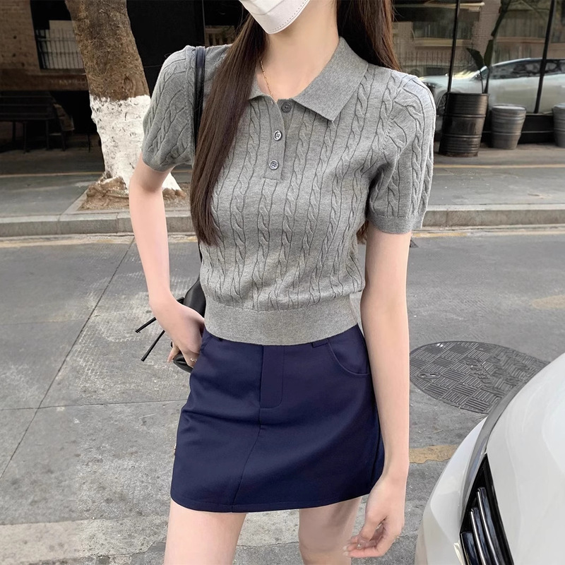 Heng Bin Tai Polo Collar Hemp Pattern Shoulder Base Short Knitted Top for Small Women All-match Knitted Short-sleeved Women