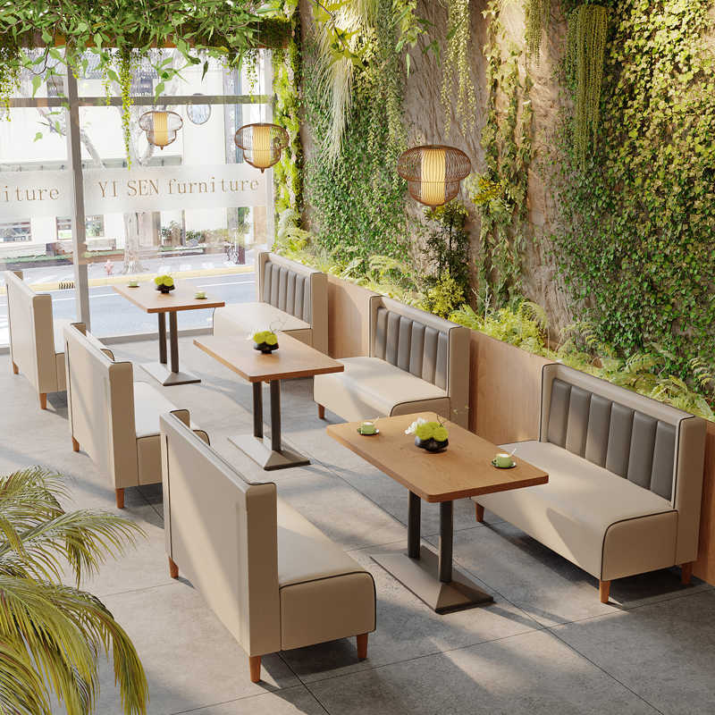 Restaurant Furniture Solid Wood Dining Table and Chairs Milk Tea Shop Dessert Shop Table and Chair Combination Western Restaurant Soft Package Booth Table and Chairs Wholesale