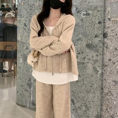 休闲宽松时尚套装女秋冬加厚连帽假两件拉链针织开衫+阔腿裤2件套