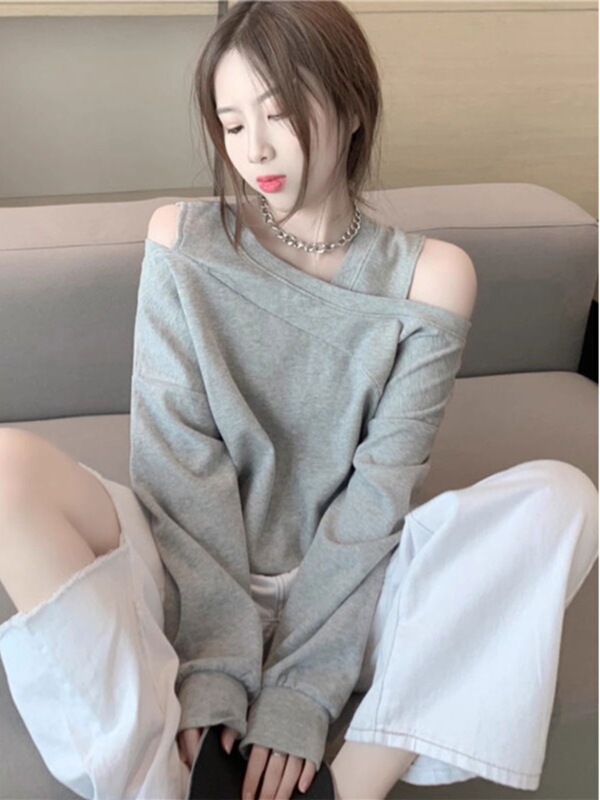 港风假两件拼接卫衣女士2025春秋新款简约设计感露肩宽松休闲上衣|undefined