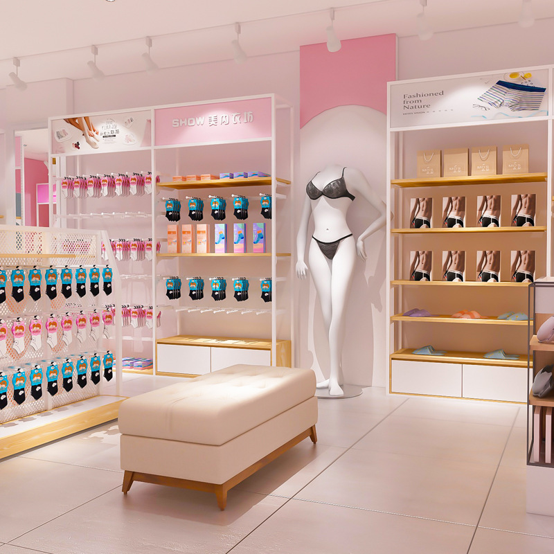 Tienda de ropa pantalla rack tienda pared sujetador pijamas calcetines estante de exhibición gabinete ropa interior estante de la ropa interior