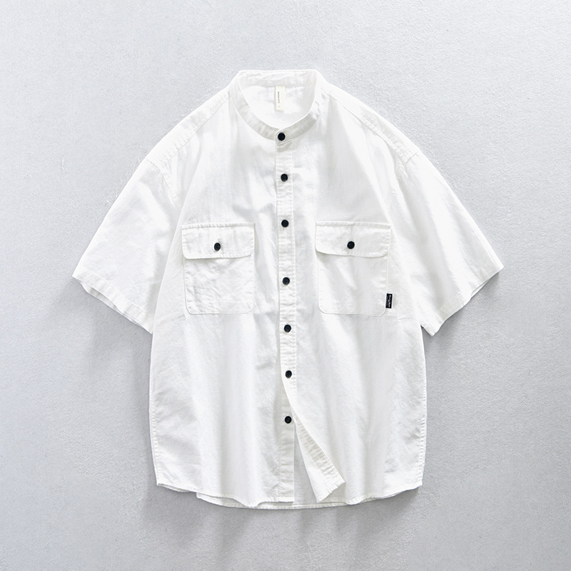 Japanese Retro Linen Men's Casual Short-Sleeve Shirt White Square Collar Top Cardigan Shirt Simple Versatile Men's Wear
