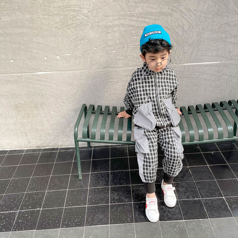 男童春季套装2021年新款帅气小男孩韩版休闲儿童反光格子两件套潮|ru