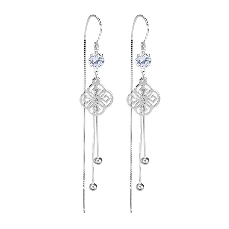 Long earrings with tassels, silver 925 sample, four-leaf clover, simple and elegant design