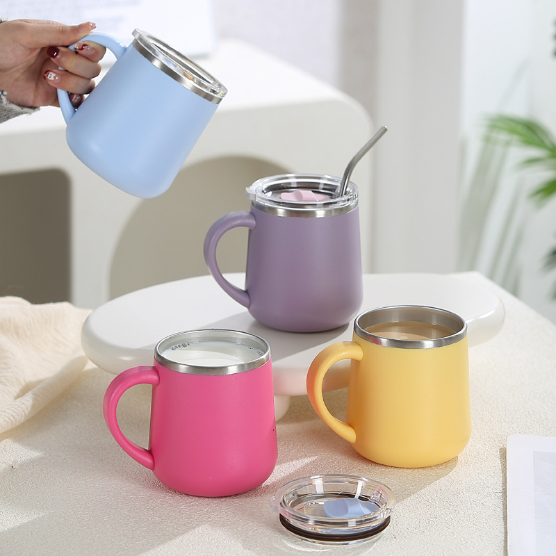 纯色ins风马克杯带盖咖啡杯双层防烫家用304不锈钢饮水杯牛奶杯