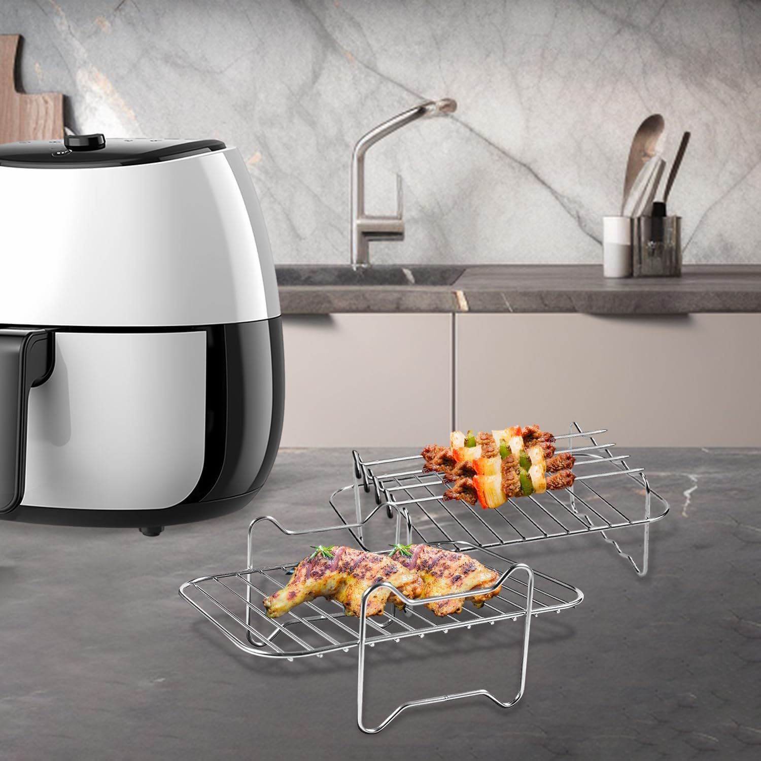 Transfronterizo Amazon 201 acero inoxidable de doble capa parrilla vapor en stock accesorios de freidora de aire rectangular Parrilla de barbacoa