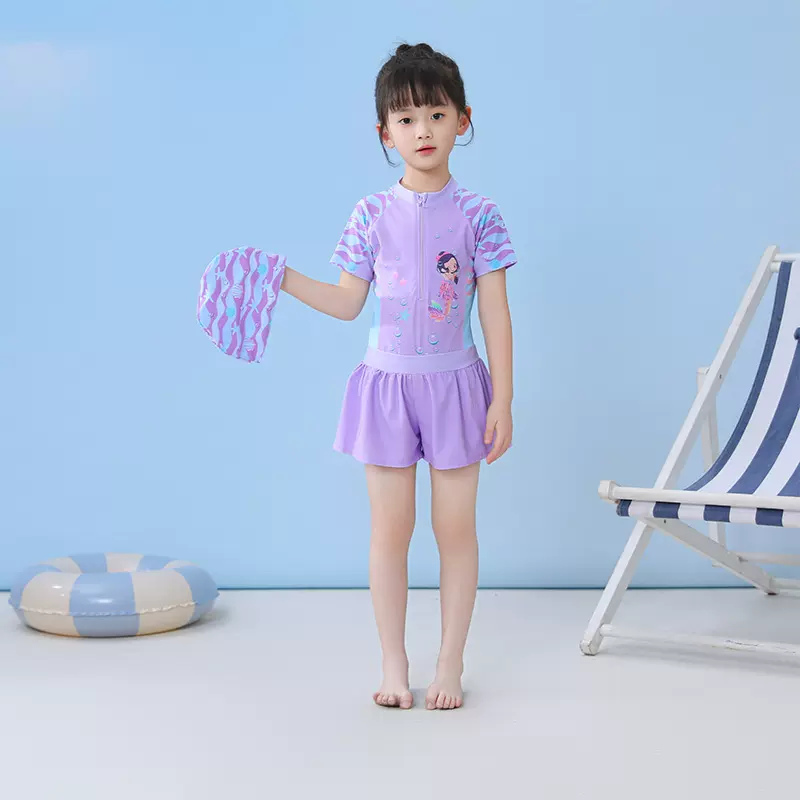 2024新款儿童泳衣女小中大童连体游泳衣短袖防晒双层平角运动泳装