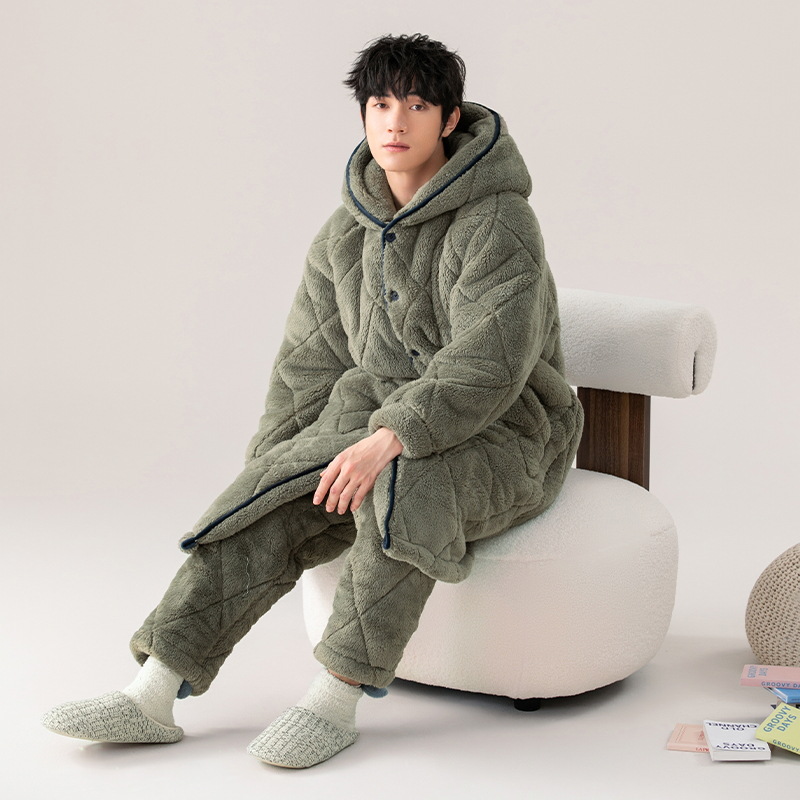 Três camisas de algodón para hombres otoño y invierno 2024 nuevo coral de terciopelo grueso y camisa de terciopelo largo conjunto casero