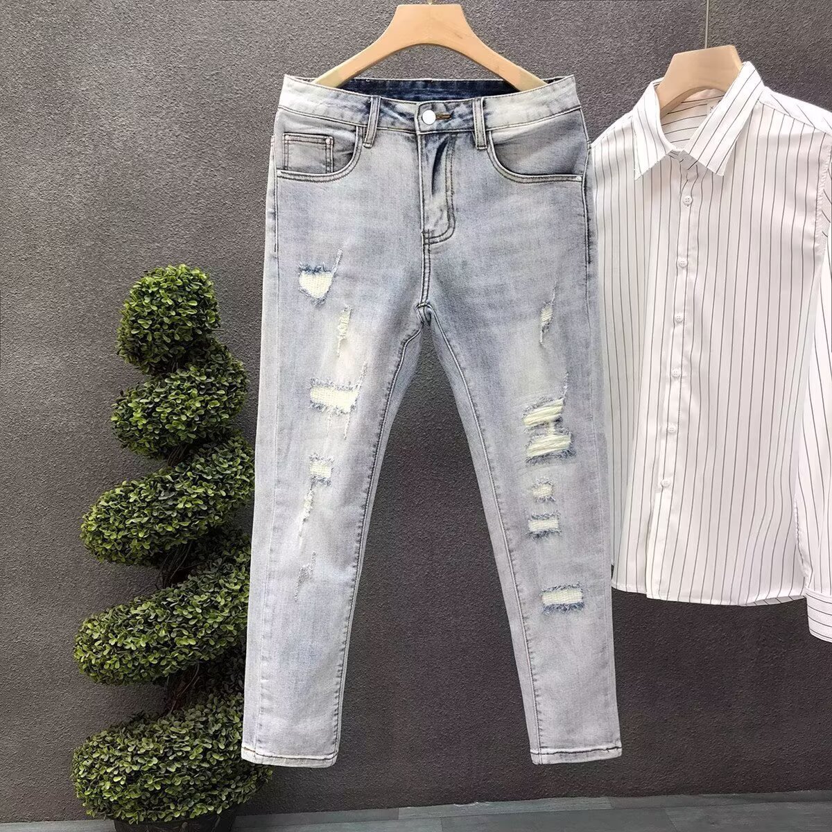 Men's Summer Thin Ripped Jeans Trendy Brand Slim Fit Korean Style Stretchy Casual Cropped Pants_mkmklike.com