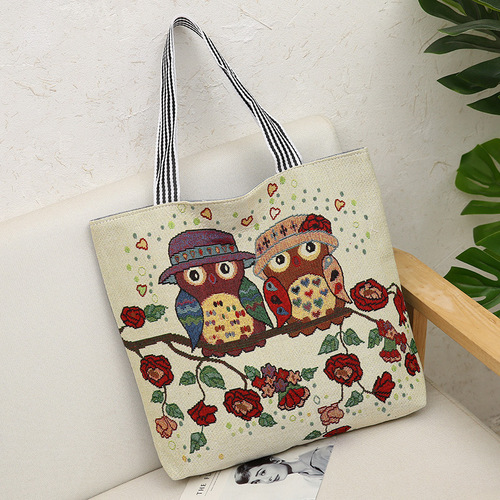 New Versatile Cartoon Embroidered Tote Bag Animal Canvas Shopping Bag Shoulder Bag Handheld Large Capacity Women's Bag Mommy Bag