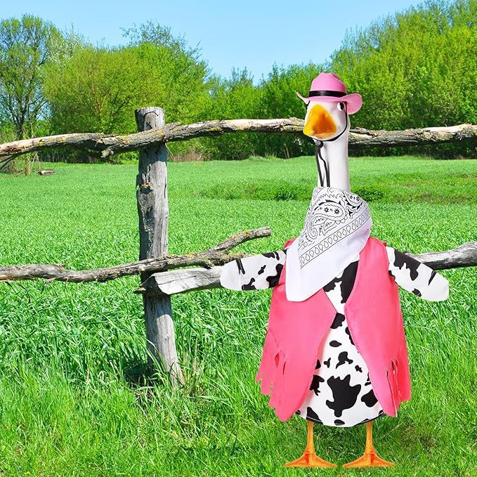 Decoración de ganso blanco para jardín con sombrero de vaquero y bufanda – adornos para mascotas, pañuelo para porche.