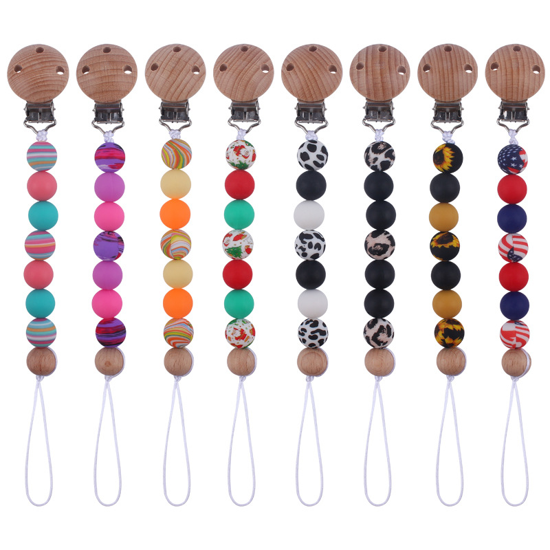 Nuevo bebé suministros chupete clip creativo bebé DIY color impresión cuentas de silicona mordedura chupete cadena