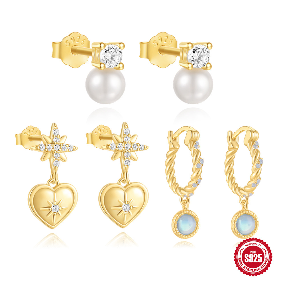 Estilo europeo y americano, uso simple, plata de ley s925, ocho estrellas, amor, pendientes de colgante de perlas irregulares brillantes