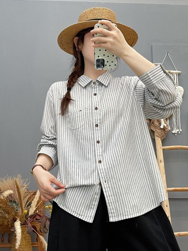 82316洋气套结口袋磨毛条纹长袖衬衫 女2025秋冬新款休闲显瘦上衣|undefined