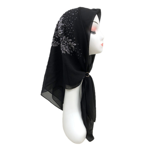 Special Black Chiffon Arab Middle Eastern Headscarf Malaysian Scarf Cross-border Headwrap Hui Muslim Women's New Rhinestone Headscarf