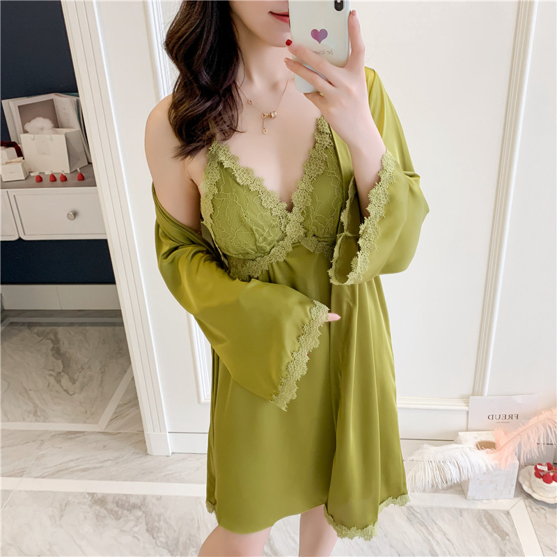 フレンチクロス露ストラップ胸パッドストラップセクシー2点セットパジャマレディース刺繍シルクサテンパジャマ