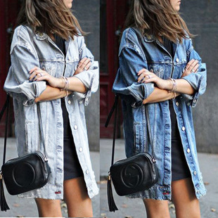 Джинсовая куртка, длинный модный трендовый джинсовый плащ, ebay, wish, европейский стиль, большой размер, средней длины