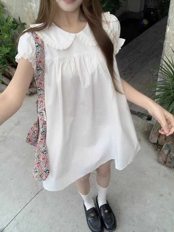 First Love Style Doll Collar White Dress for Women, New Summer Style, Loose Fit, Youthful Look, Puff Sleeves, Small White Dress