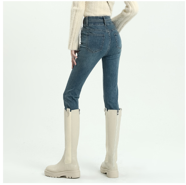 拉夏贝尔紧身小脚牛仔裤女秋季2023新款高腰显瘦修身黑色铅笔