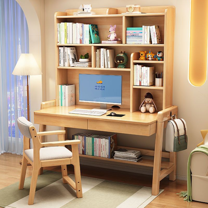 Solid Wood Lifting Desk Bookshelf Integrated Children's Study Table Bedroom Simple Home Writing Desk and Chair for Primary and Secondary School Students
