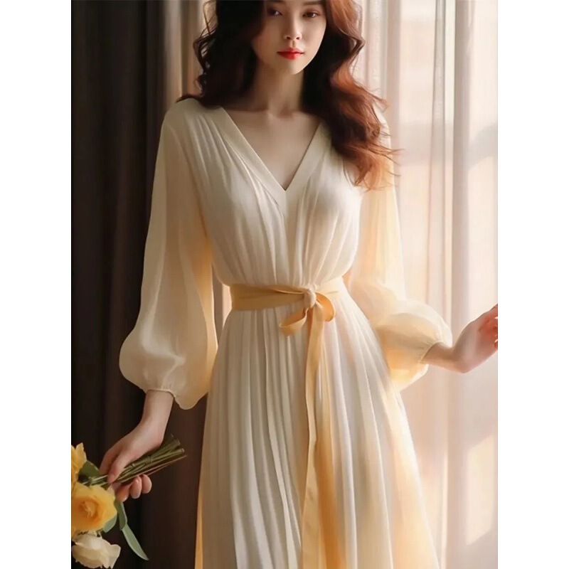 9250 Spring and Summer 2024 New High-end Elegant White Chiffon dress Exquisite Long Dress Nightdress Long Dress